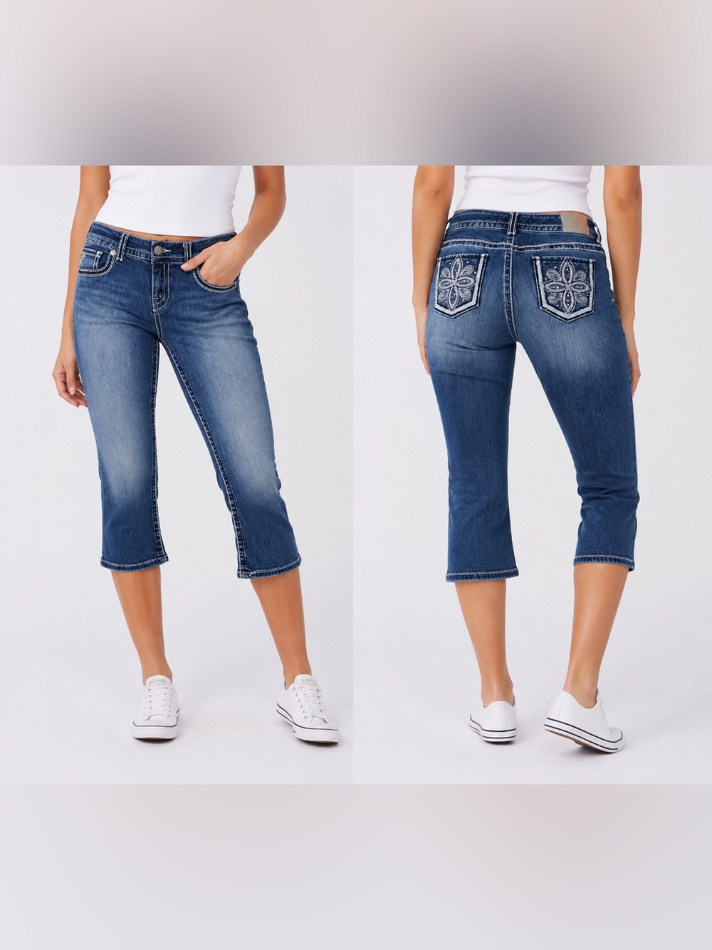 Women’s Mid Blue Embroidered Back Pocket Cropped Jeans